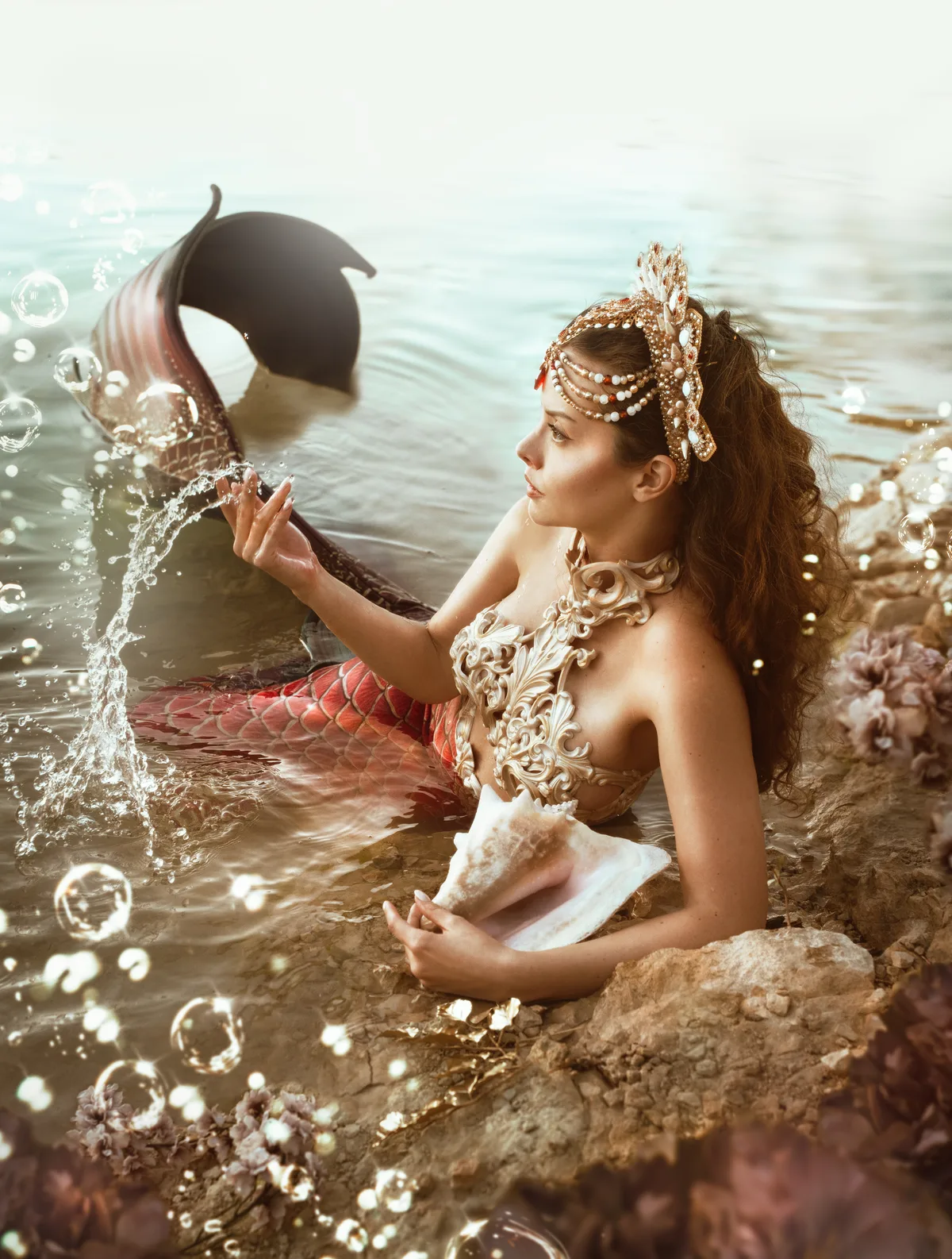 Mermaid on the rocks with tail in the water